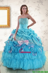 2015 Cheap Aqua Blue Appliques Quinceanera Dresses with Appliques