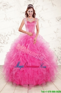 2015 Pretty Straps Hot Pink Quinceanera Dresses with Beading