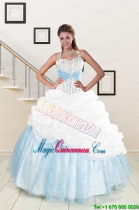 2015 White and Blue Ball Gown Quinceanera Dress with Halter