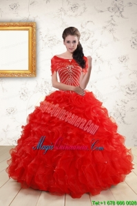 2015 Ball Gown Beading Quinceanera Dresses in Red