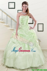 2015 Cheap Strapless Yellow Green Quinceanera Gowns with Beading