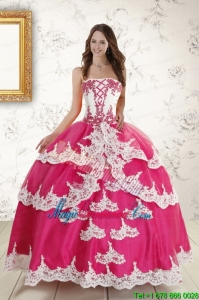 2015 Hot Pink Strapless Quinceanera Dresses with Appliques