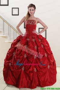 Discount Strapless Wine Red Appliques Quinceanera Dresses for 2015