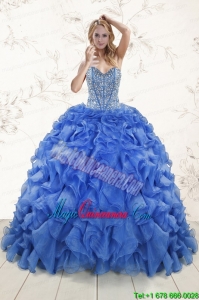 Hot Sale Beaded Royal Blue Sweet 15 Dresses with Sweep Train