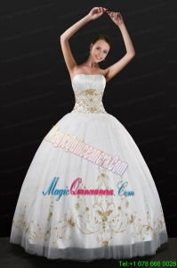 White Strapless 2015 Quinceanera Dress with Beading and Embroidery