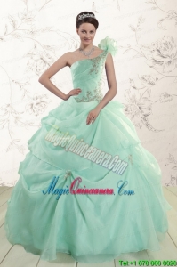 2015 Apple Green One Shoulder Cheap Quinceanera Dresses with Appliques