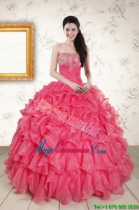 2015 Hot Pink Strapless Quinceanera Dresses with Beading and Ruffles
