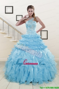 2015 Pretty Baby Blue Sweet 15 Dresses with Beading