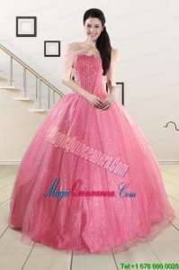 2015 Pretty Strapless Quinceanera Dresses in Rose Pink