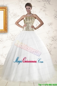 2015 The Super Hot Tulle Strapless Sequins White Quinceanera Dresses