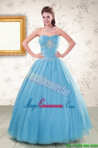 2015 New Style Strapless Beading Quinceanera Dresses in Aqua Blue