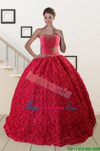 Customize Rolling Flower Beading 2015 Quinceanera Dresses in Coral Red