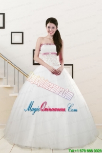 2015 Discount Strapless Appliques and Belt Quinceanera Dresses in White