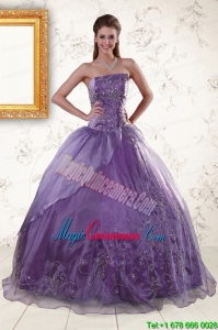 2015 Discount Purple Strapless Appliques Quinceanera Dresses