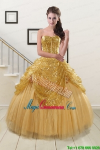 2015 Most Popular Sweetheart Sequined Quinceanera Dresses in Gold