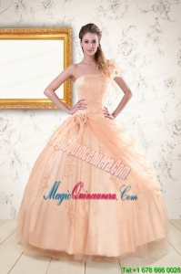 2015 Pretty One Shoulder Appliques Quinceanera Dress in Peach