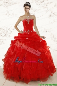 2015 Red Ball Gown Strapless Sweet 15 Dresses with Beading and Ruffles