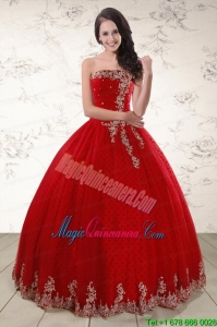 Elegant Red Strapless 2015 Quinceanera Dresses with Appliques