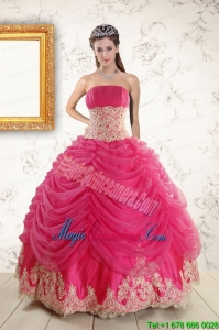 Exquisite Lace Appliques Hot Pink Quinceanera Gowns for 2015