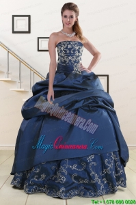 2015 Custom Made Embroidery and Beading Quinceanera Dresses in Navy Blue