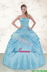 2015 Discount Aqua Blue Strapless Sweet 15 Dress with Appliques