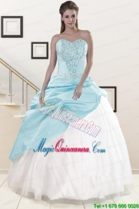 2015 Pretty Blue and White Quinceanera Dresses with Beading and Pick Ups