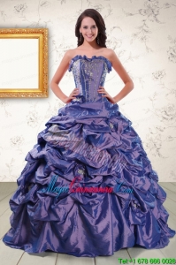 2015 Beading and Pick ups Purple Quinceanera Dresses with Brush Train