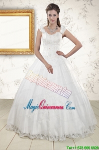 2015 Discount Straps Quinceanera Dresses with Appliques and Beading