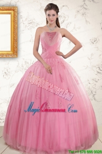 2015 Pretty Pink Quinceaneras Dresses with Appliques and Beading