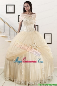 Elegant Appliques 2015 Champagne Quinceanera Dress with Wraps