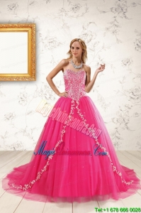 2015 Beautiful Hot Pink Quinceanera Dresses with Beading and Appliques