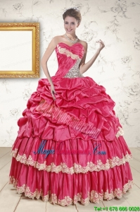 2015 Cheap Appliques Sweet 15 Dresses in Coral Red