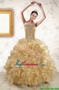 2015 Luxurious Ruffles and Beading Quinceanera Dresses in Champange