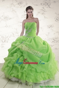 2015 Puffy Strapless Appliques Quinceanera Dresses in Spring Green