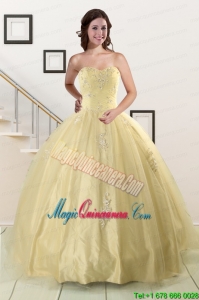 Latest Appliques Sweet 15 Quinceanera Dress in Light Yellow For 2015