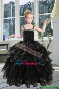 2015 Fashionable Black Straps Sequins Ruffles Organza Little Girl Pageant Dress