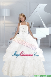 Appliques and Ruffles White delicate Little Girl Pageant Dress with Spaghetti Straps