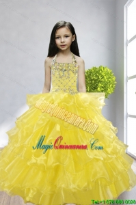 Yellow Ball Gown Halter Beading and Ruffles Little Girl Pageant Dress for 2015
