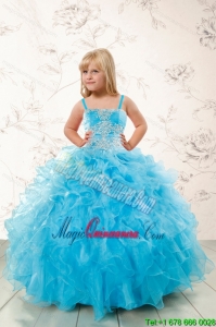 2015 Modest Appliques and Ruffles Aqua Blue Little Girl Pageant Dress