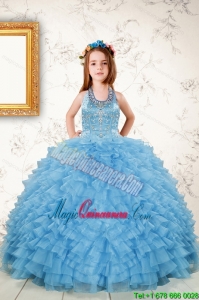 Fashionable Beading and Ruffles Little Girl Dress in Aqua Blue