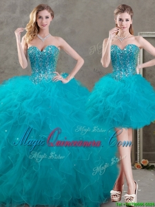 New Arrivals Beaded and Ruffled Teal Detachable Quinceanera Skirts in Organza