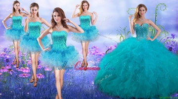 New Arrivals Teal Really Puffy Quinceanera Dress and Gorgeous Sequined and Ruffled Layers Dama Dresses