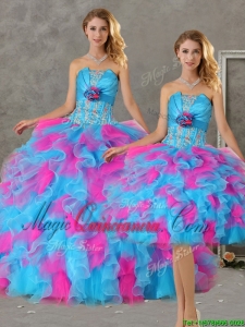 Romantic Hand Made Flowers and Ruffled Big Puffy Detachable Quinceanera Dresses in Blue and Pink