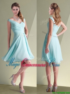 2016 Lovely Chiffon Off the Shoulder Aqua Blue Dama Dress with Ruching