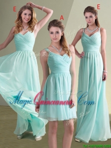 New Arrival Straps Beaded and Ruched Aqua Blue Dama Dress in Chiffon