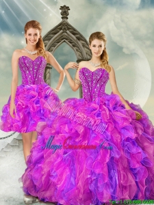 2015 Most Popular and Luxury Fuchsia and Lavender Quince Dresses with Beading and Ruffles