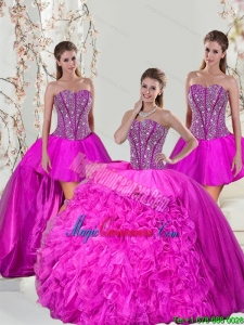 2015 Spring Detachable Hot Pink Gorgeous Quinceanera Gowns with Beading and Ruffles
