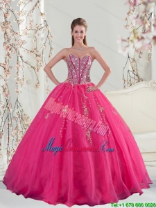 2015 Sweetheart and Detachable Hot Pink Sequins and Appliques Prom Dresses
