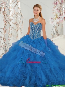 2015 Affordable Beading and Ruffles Aqua Blue and Luxury Quince Dresses