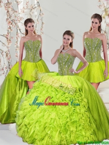 2015 Detachable and Popular Beading and Ruffles Yellow Green Dresses for Quince